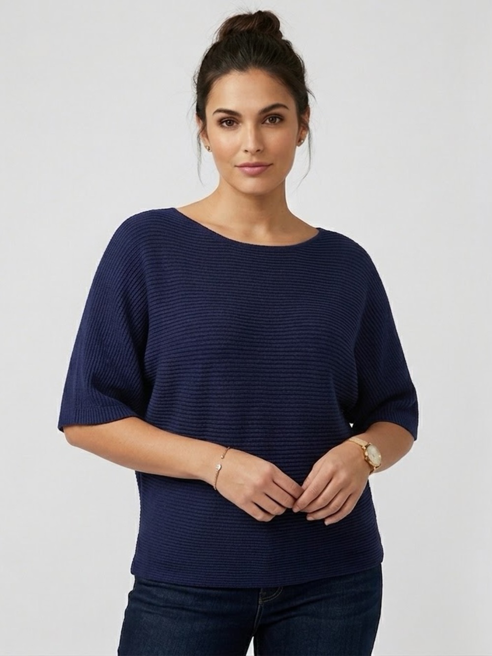 Women's Navy Rib-Knit Scoop Neck Short Sleeve Sweater